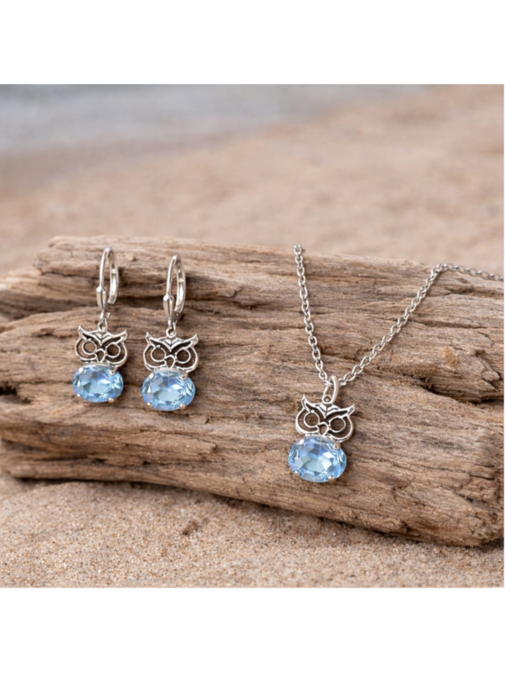Silver Owl Earrings & Necklace Set – light sapphire crystals – Vintage Style